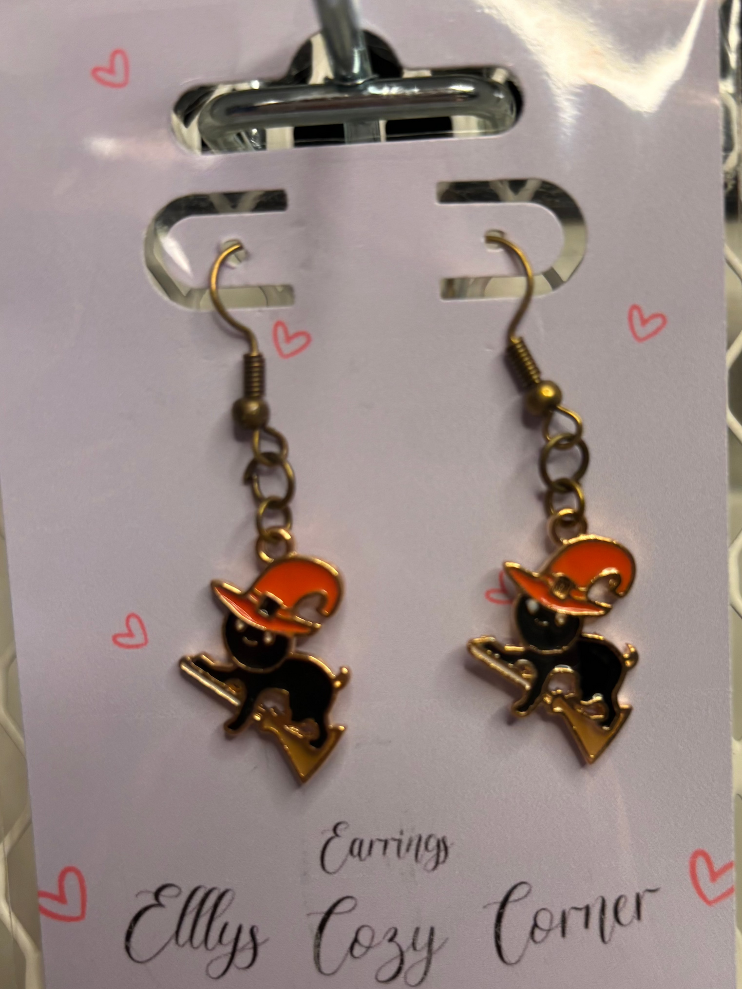 Spooky Black Witch Cat Dangle Earrings