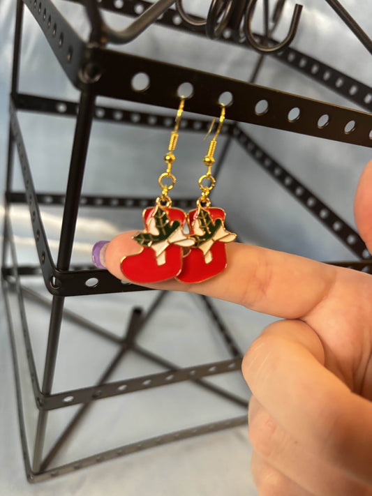 Christmas Red Stocking with Green Leaf Earrings